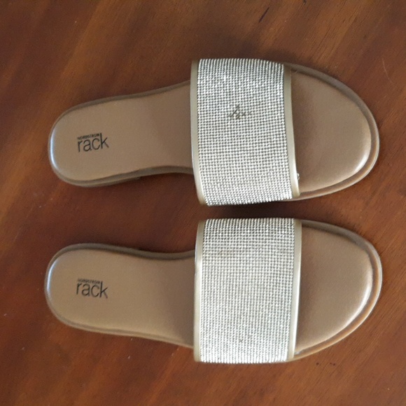 Nordstrom Rack Gold Slides Rhinestones Single Band Sandals sz 10M - Picture 1 of 11